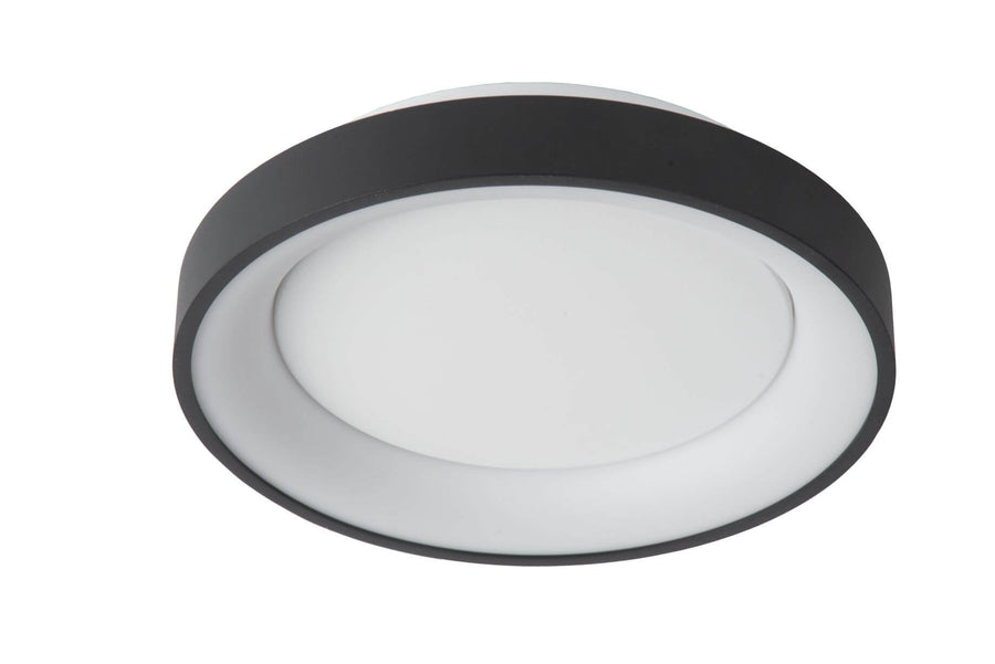 Vue du dessous du plafonnier éteint, cercle noir et diffuseur blanc uniforme