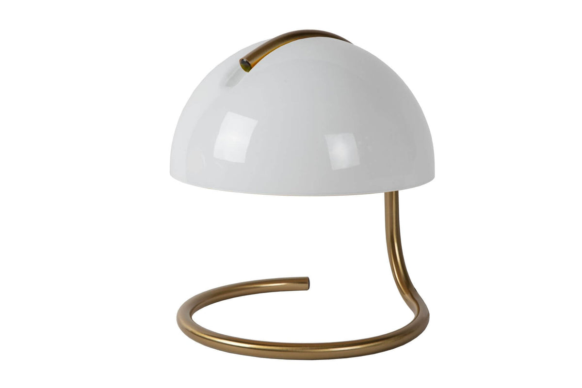 Lampe à poser en verre opalin blanc avec support métallique doré recourbé.