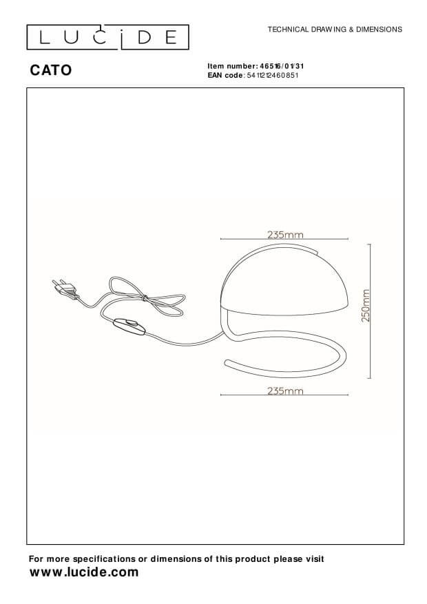 Schéma technique de la lampe à poser avec dimensions et câble d'alimentation.
