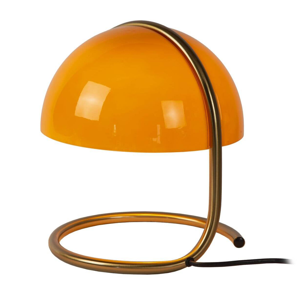 Produit de face sur fond blanc, abat-jour orange et pied métal doré