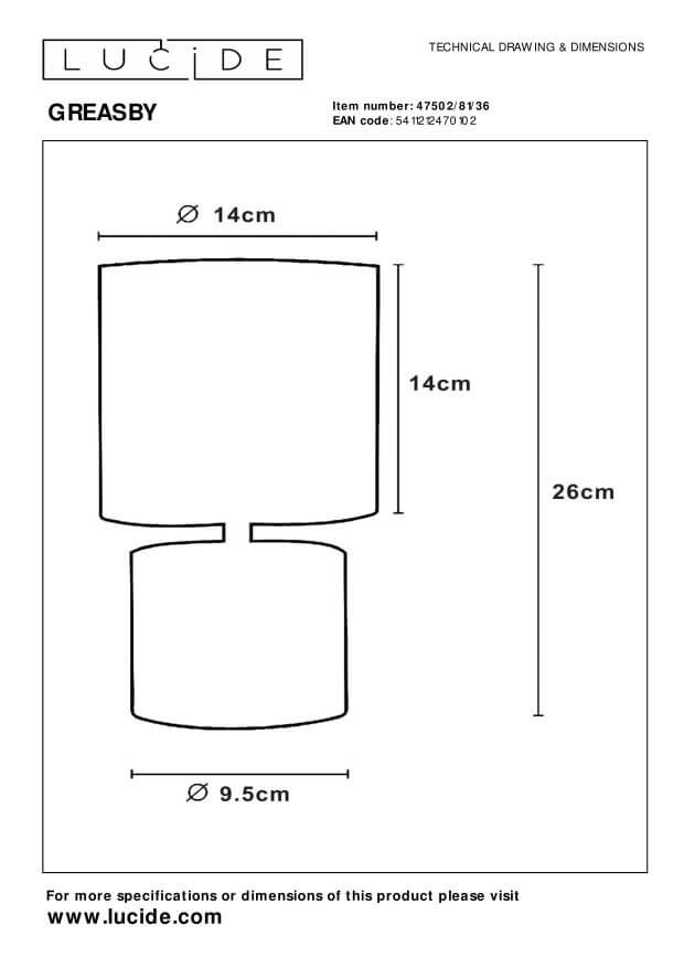 Schéma technique coté de la lampe Greasby : dimensions 26 cm, abat-jour 14 cm, base 9,5 cm.