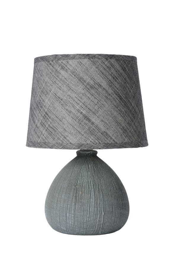 Photo détourée sur fond blanc, lampe éteinte vue de face, abat-jour gris.
