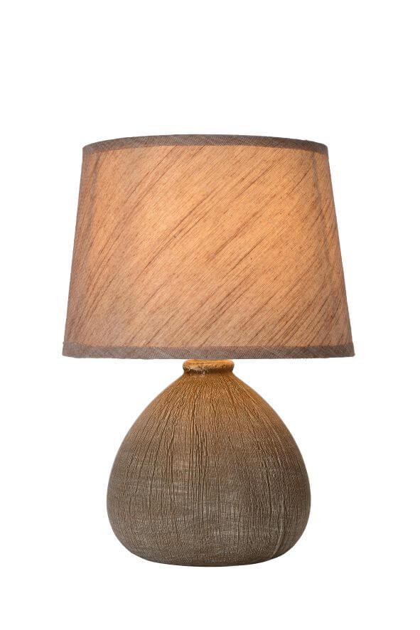 Lampe à poser de face sur fond blanc, abat-jour en coton et base arrondie texturée.