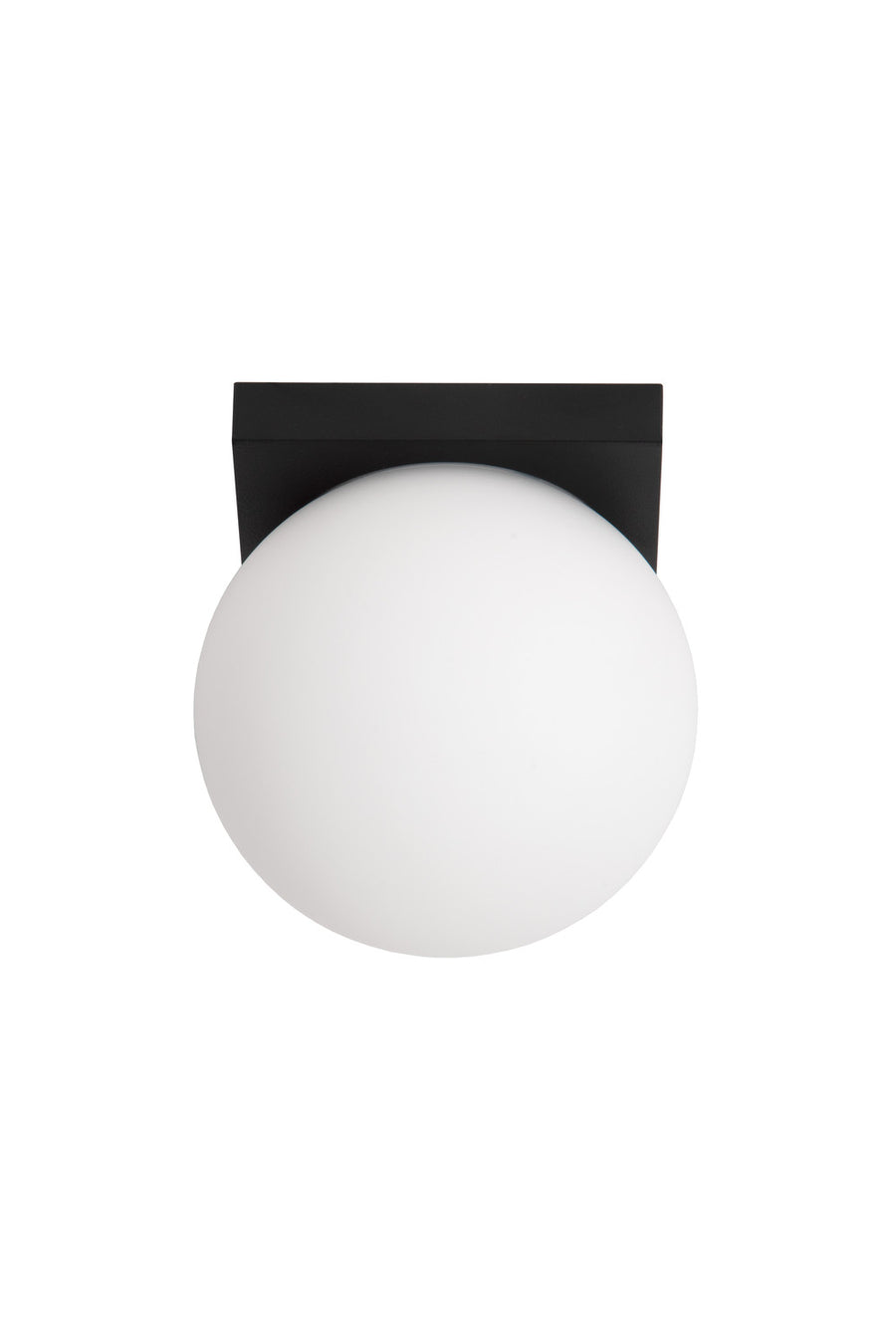 Vue de face du luminaire éteint, verre blanc dépoli sur support carré noir
