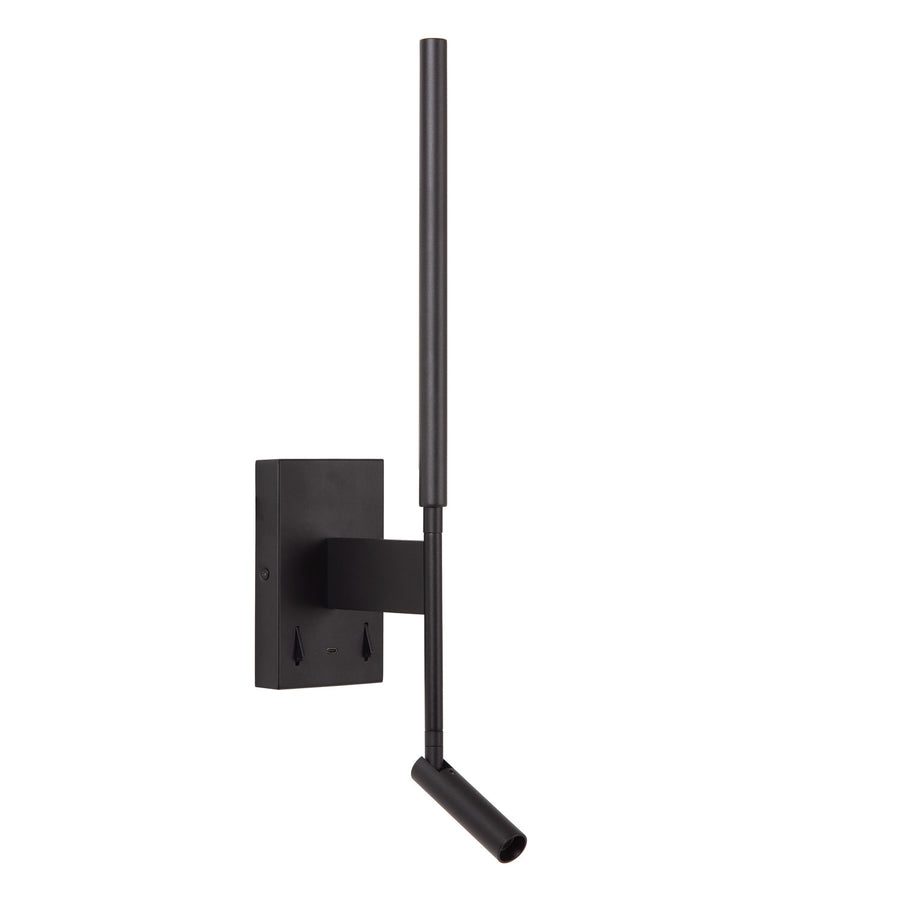 Luminaire mural noir éteint, diffuseur blanc vertical et base rectangulaire avec fixations visibles.