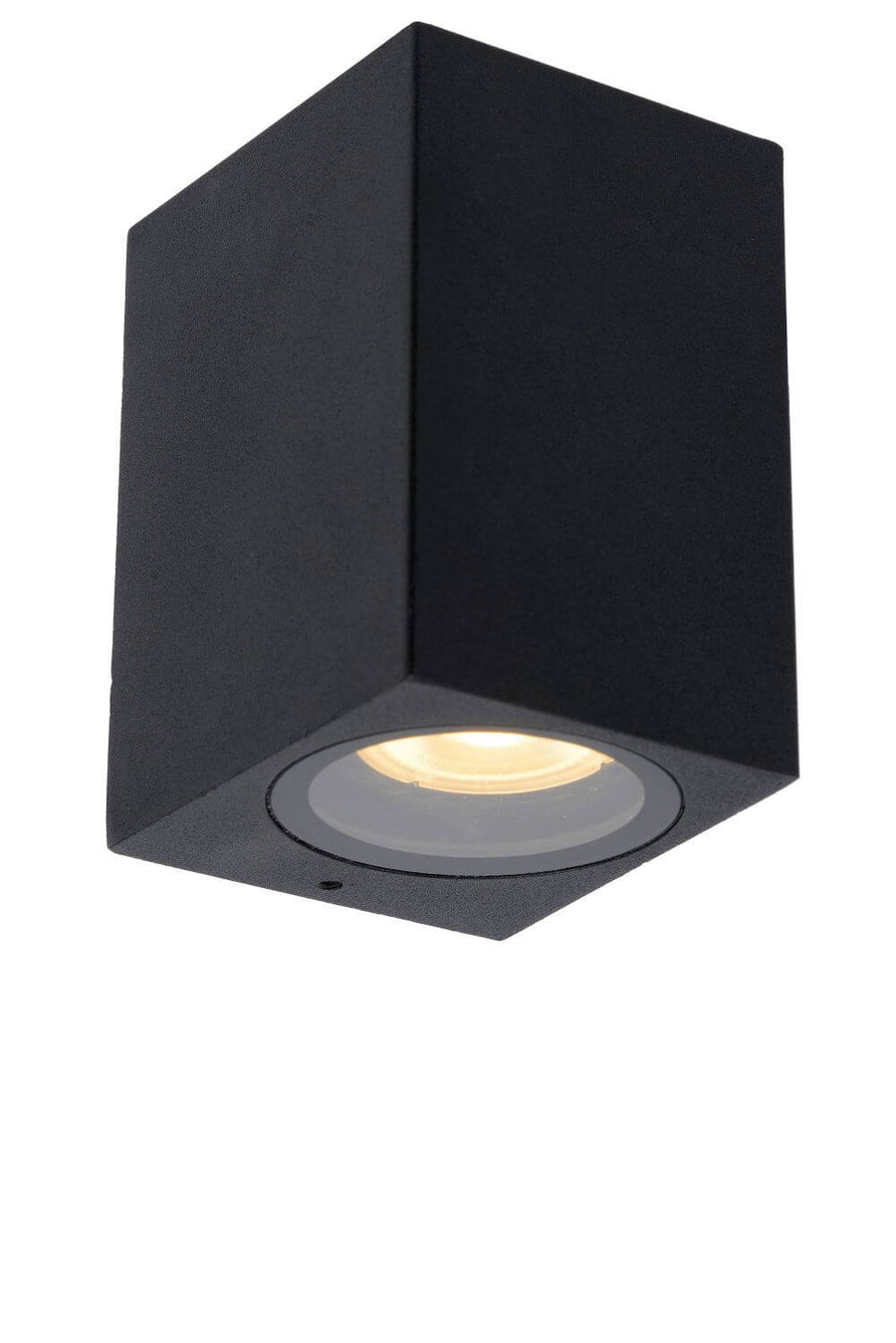 Vue trois quarts du luminaire noir sur fond blanc, éclairage allumé vers le bas