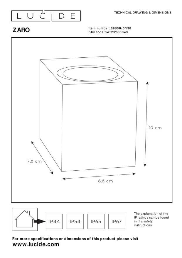 Schéma technique coté du luminaire : hauteur 10 cm, largeurs 7,8 et 6,8 cm