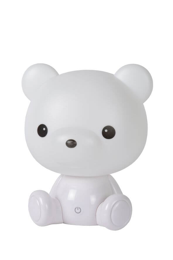 Vue de face sur fond blanc, lampe éteinte montrant la coque blanche et mate.