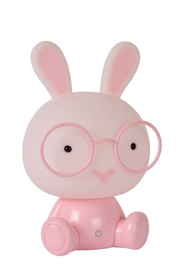 Vue de face de la lampe lapin rose éteinte avec ses lunettes