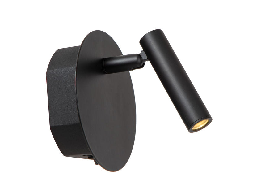 Produit sur fond blanc, applique noire vue de trois quarts avec spot orientable