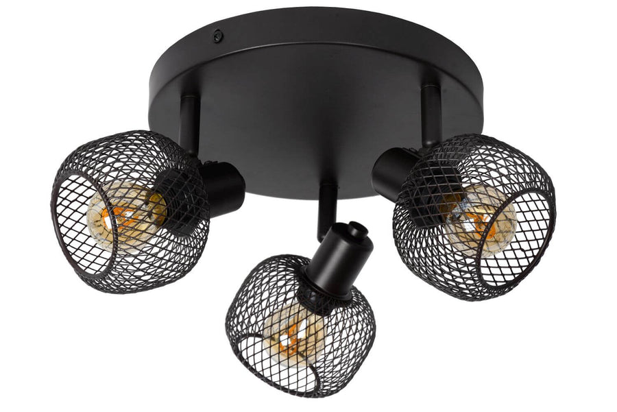 Seconde vue de face du plafonnier noir et de ses trois grilles métalliques