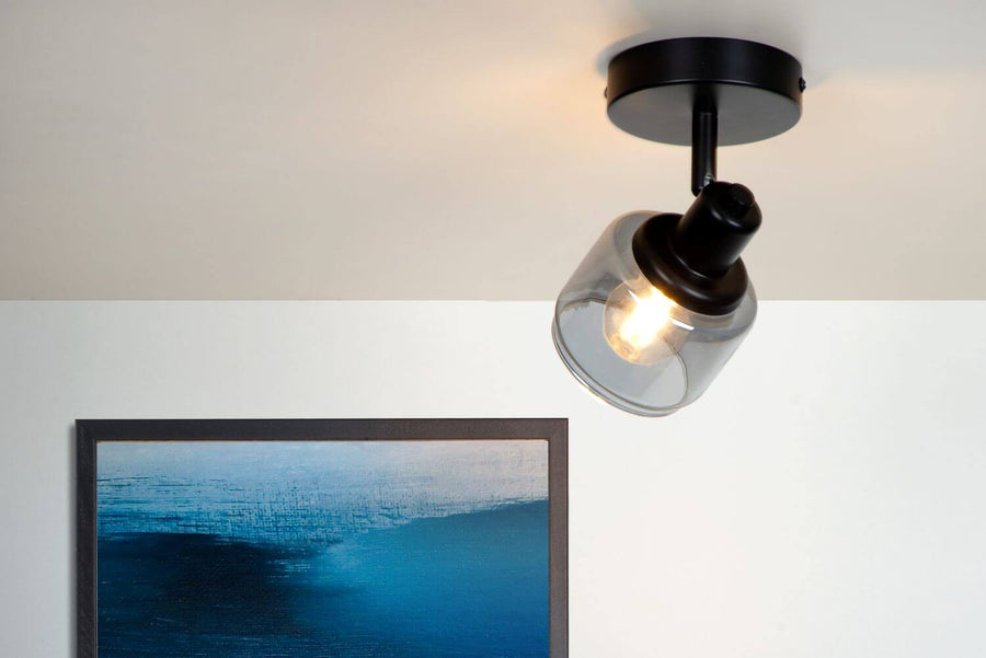 Vue rapprochée du plafonnier orientable en verre fumé et métal noir