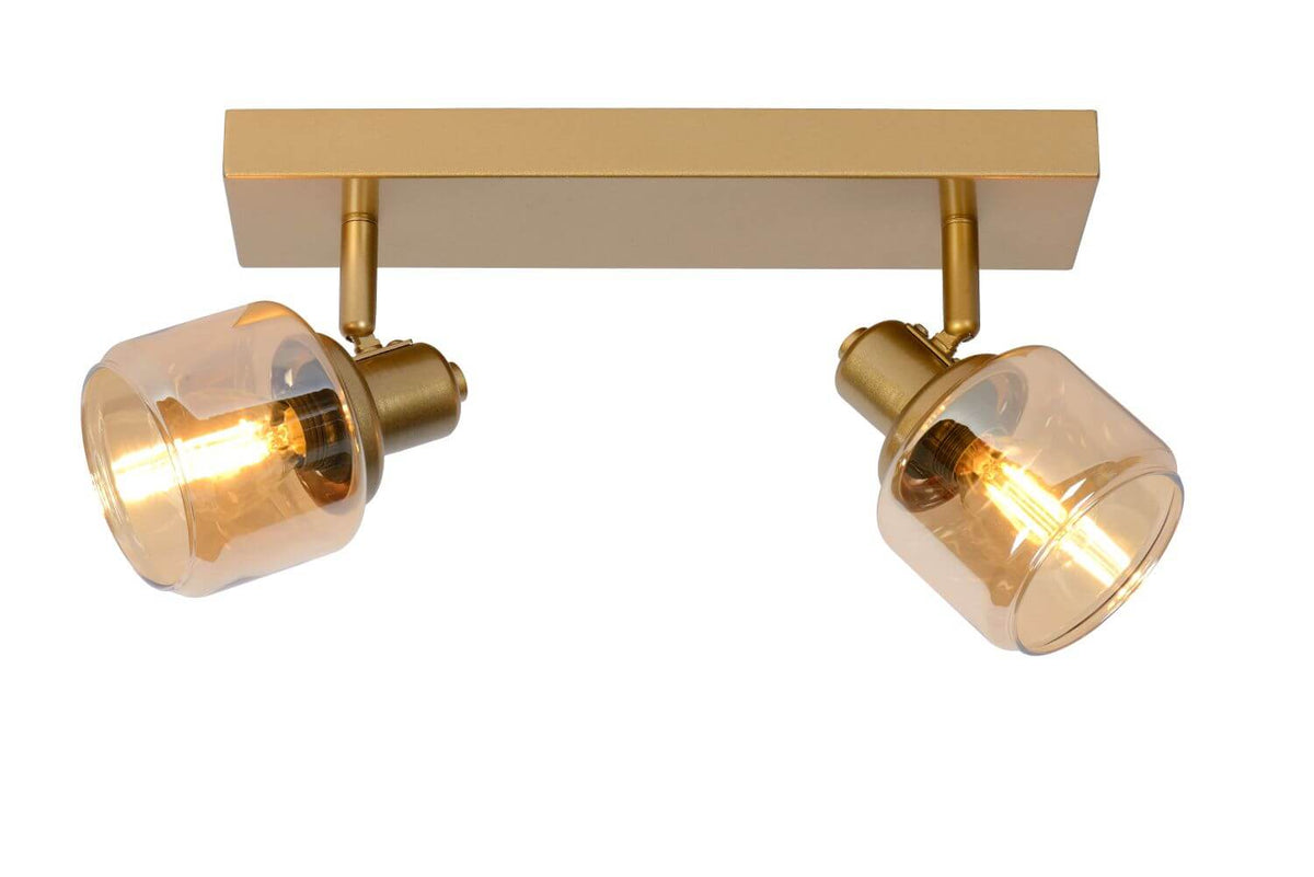 Produit isolé sur fond blanc, deux têtes orientables en verre ambré et structure dorée.