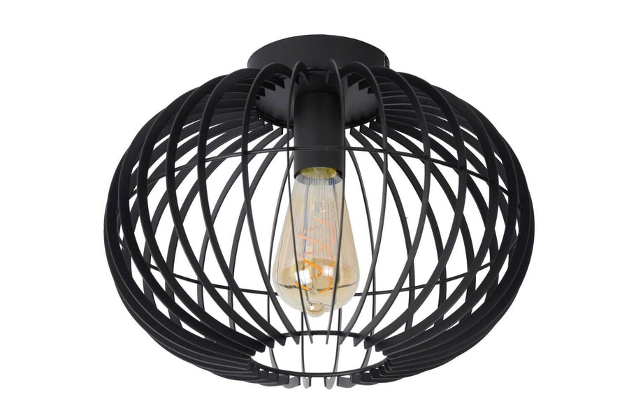 Autre angle du luminaire sur fond blanc, montrant les tiges incurvées du panier