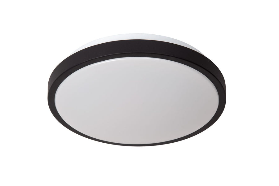 Face avant du plafonnier éteint, avec diffuseur opalin blanc et contour noir fin.