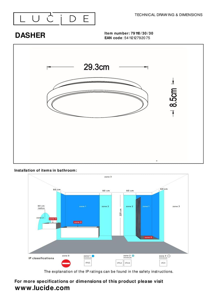 Schéma technique coté du plafonnier et zones IP pour installation en salle de bain.