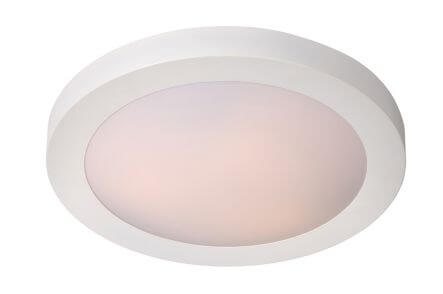 Vue de face du luminaire rond blanc, diffuseur opale et large cerclage lisse