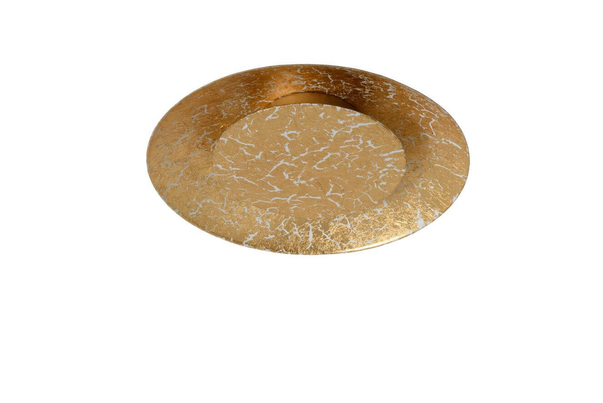 Détail de la finition dorée craquelée de l'abat-jour rond sur fond blanc.