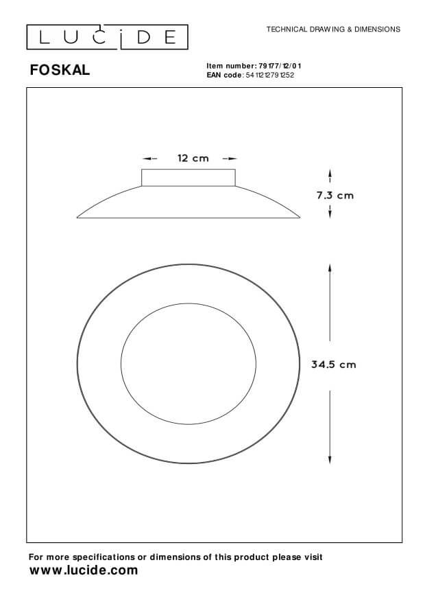 Schéma technique du plafonnier rond avec cotes : 12 cm, 7,3 cm et 34,5 cm.