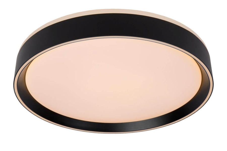 Détail du bandeau noir mat et du liseré doré du luminaire éteint