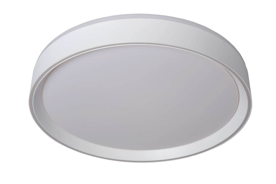 Plafonnier cylindrique blanc éteint, large diffuseur opalin gris vu de dessous