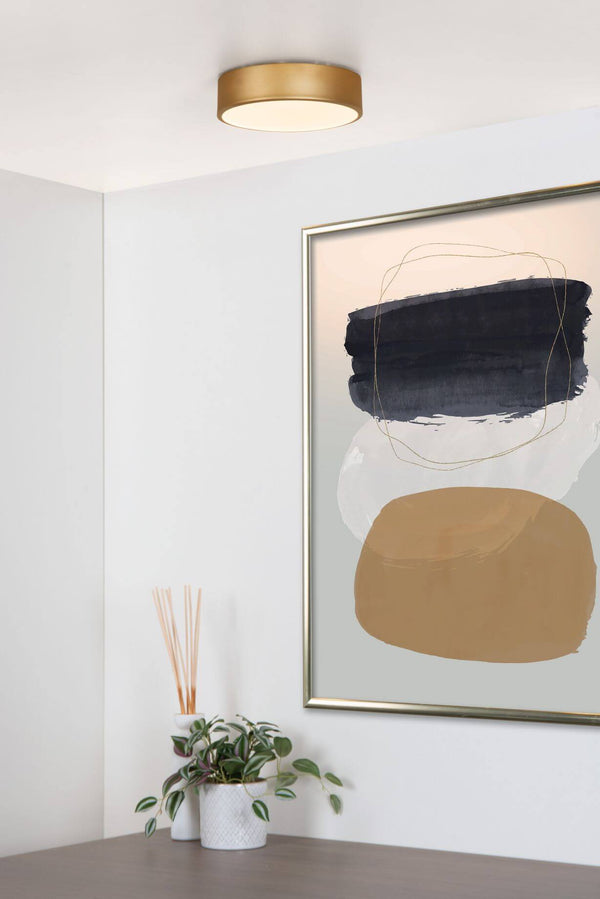 Plafonnier Unar doré mat et opale, Ø 20 cm