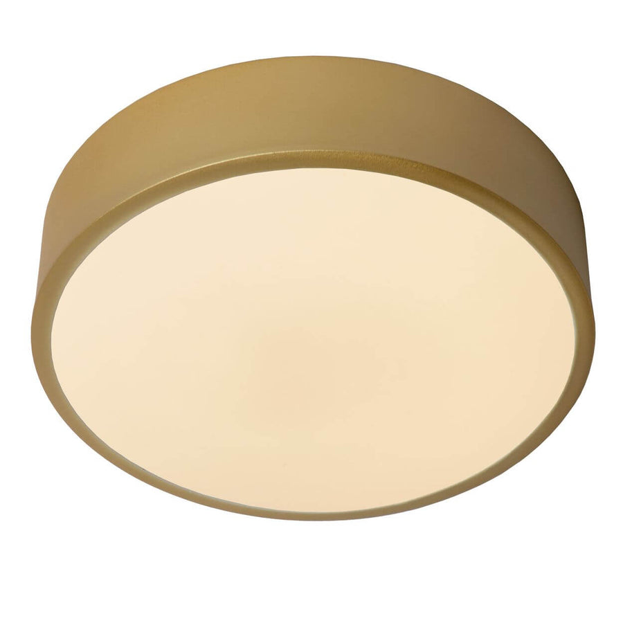 Produit seul de face, cercle doré mat et diffuseur opale, sur fond blanc