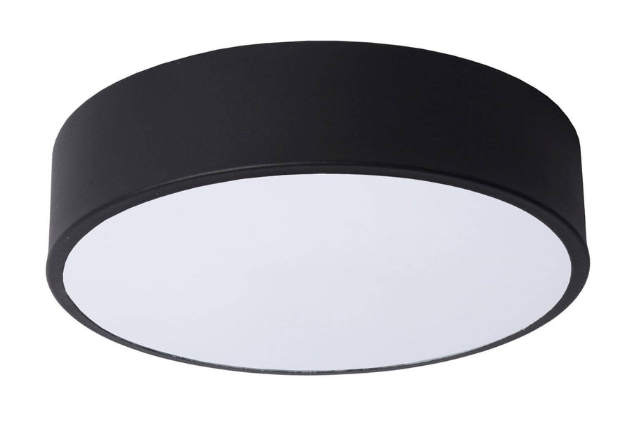 Vue du plafonnier noir avec diffuseur blanc opalin, éclairé, sur fond neutre.