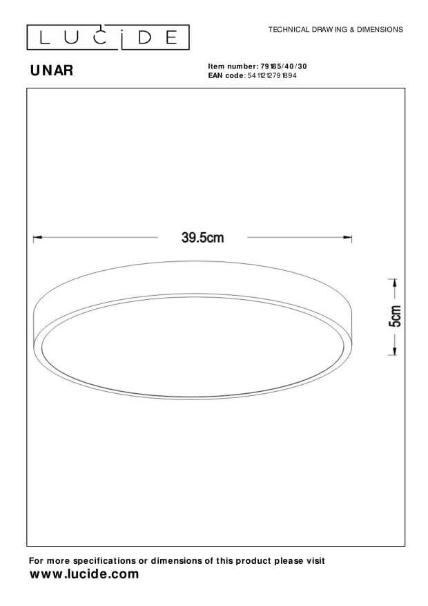 Schéma technique coté : diamètre 39,5 cm et hauteur 5 cm du plafonnier