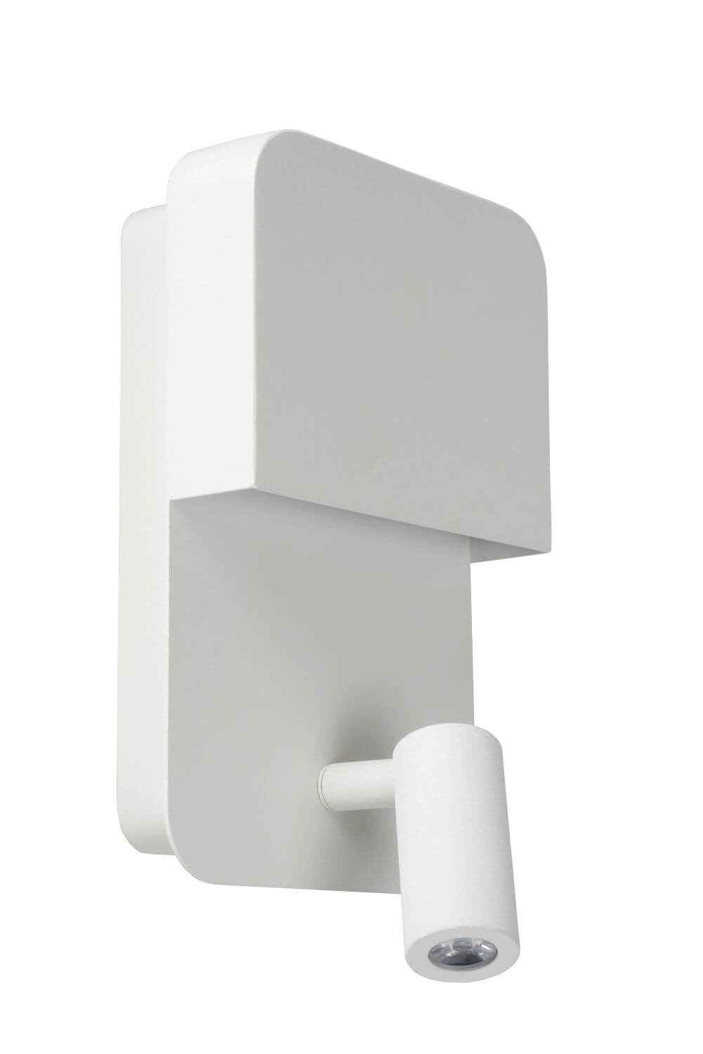 Autre angle du boîtier blanc aux angles arrondis avec projecteur cylindrique.