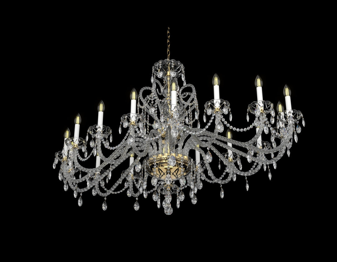 Lustre vu de trois quarts, détail des bras de cristal et douilles blanches