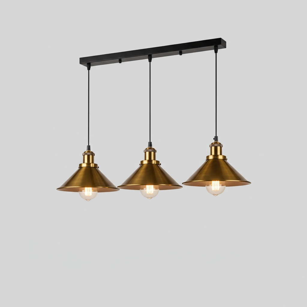 Produit de face : suspension trois cônes dorés et barre noire