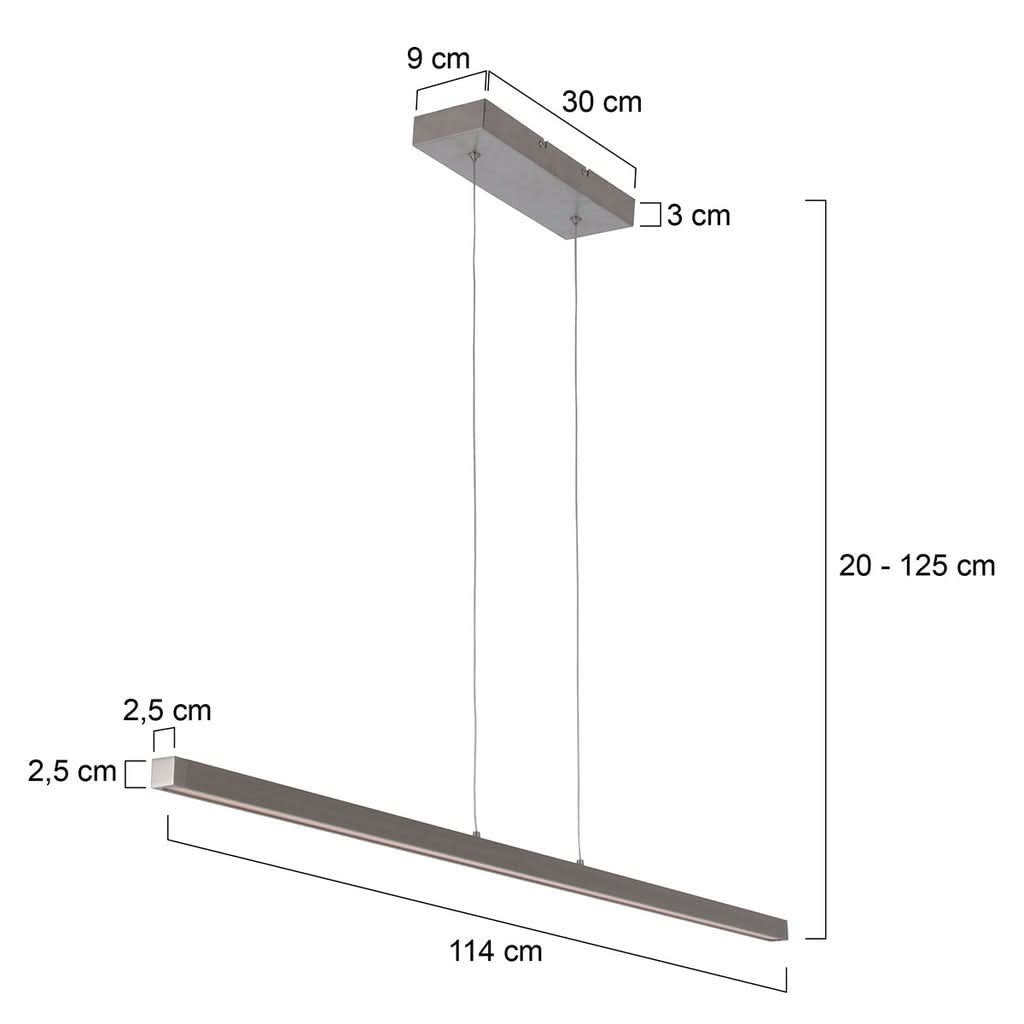 Schéma coté du luminaire suspendu avec dimensions du rail et câbles réglables