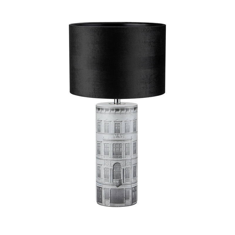 Lampe à poser Ichi en céramique grise et noire, abat-jour en velours