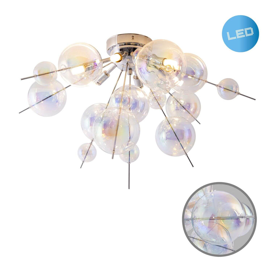 Vue du plafonnier avec pastille LED et détail rapproché du verre iridescent