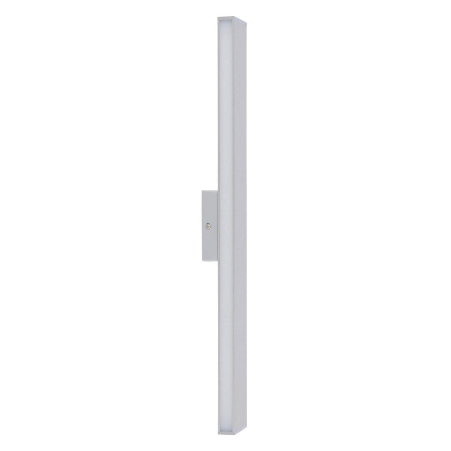 Vue de profil du luminaire mural chromé, long tube vertical avec support de fixation