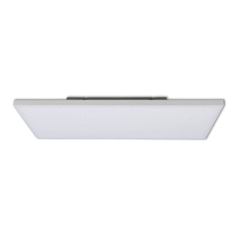 Vue de face du luminaire blanc rectangulaire, finition plate et bordure grise