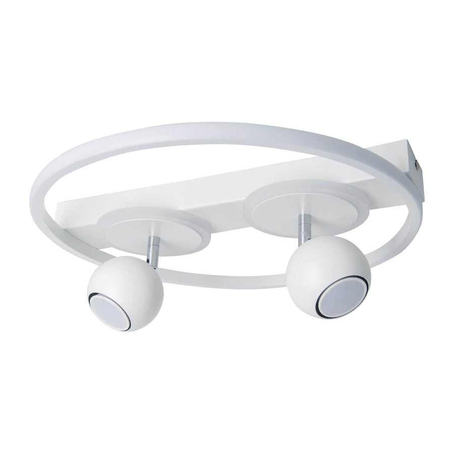 Plafonnier blanc vu de trois quarts, anneau fin et deux spots sphériques orientables.