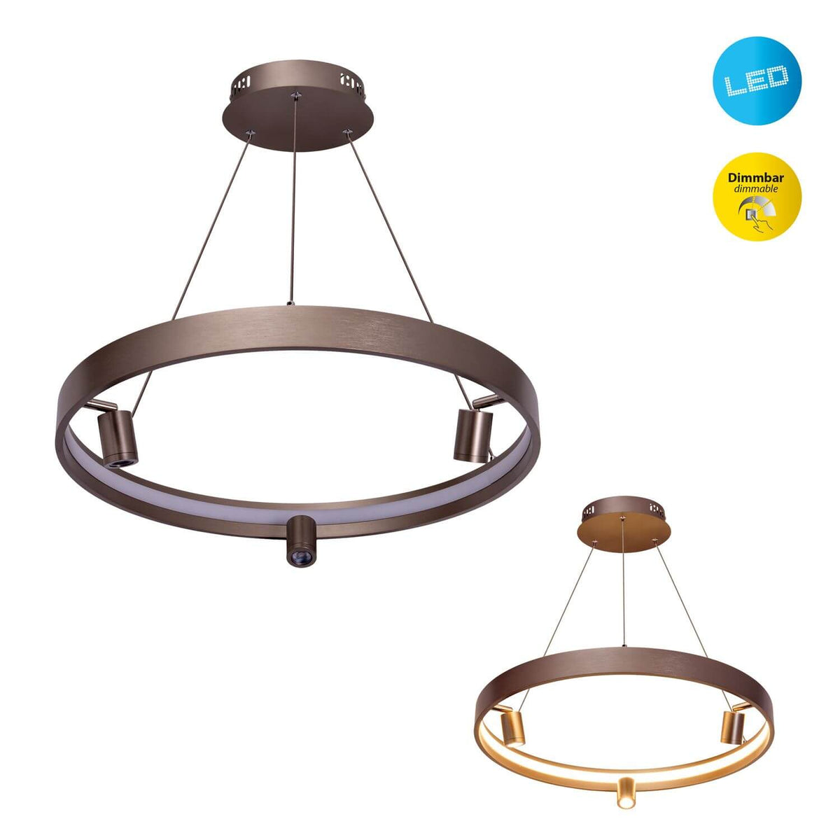 Deux tailles de la suspension côte à côte, pictogrammes LED et variateur sur fond blanc.