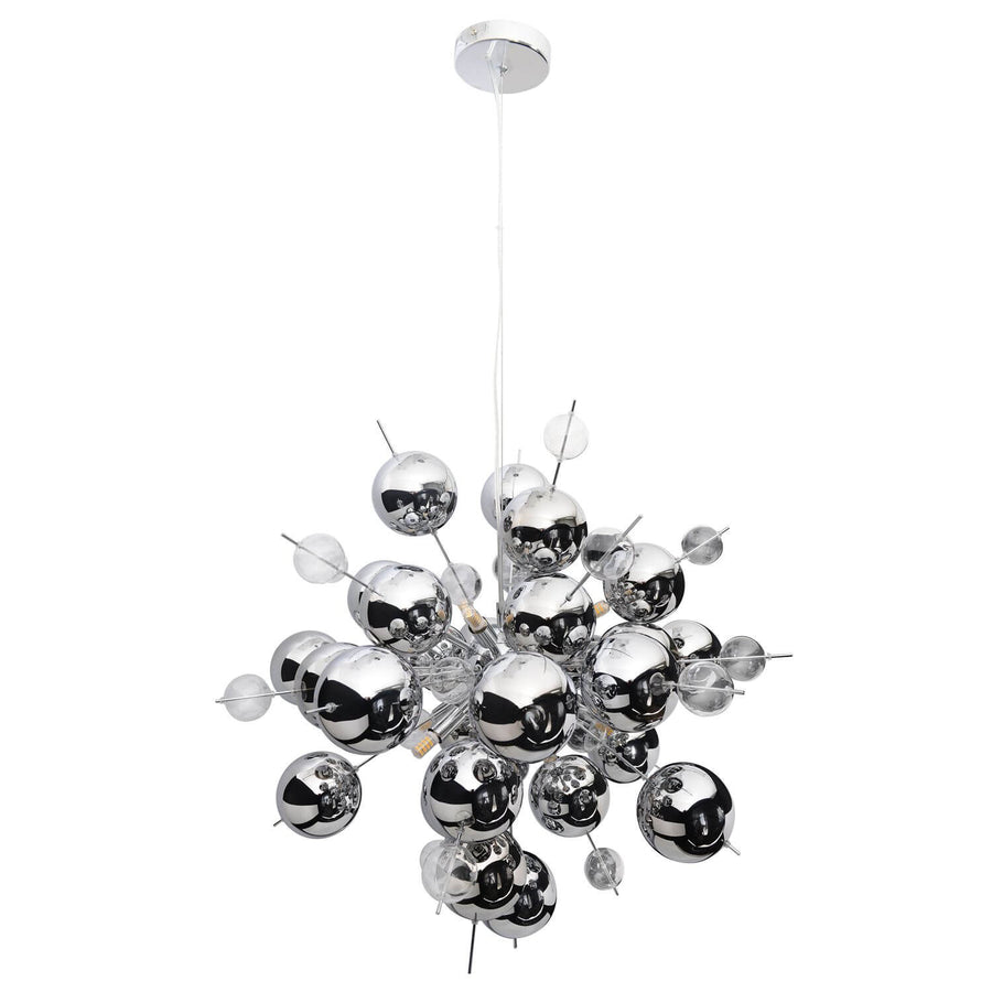 Suspension au bouquet de sphères chromées et verre sur fond blanc