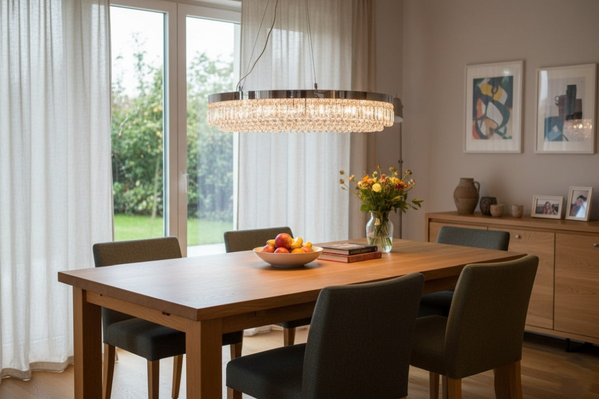 Vue en situation dans une salle à manger claire, suspension allumée au-dessus d'une table en bois.