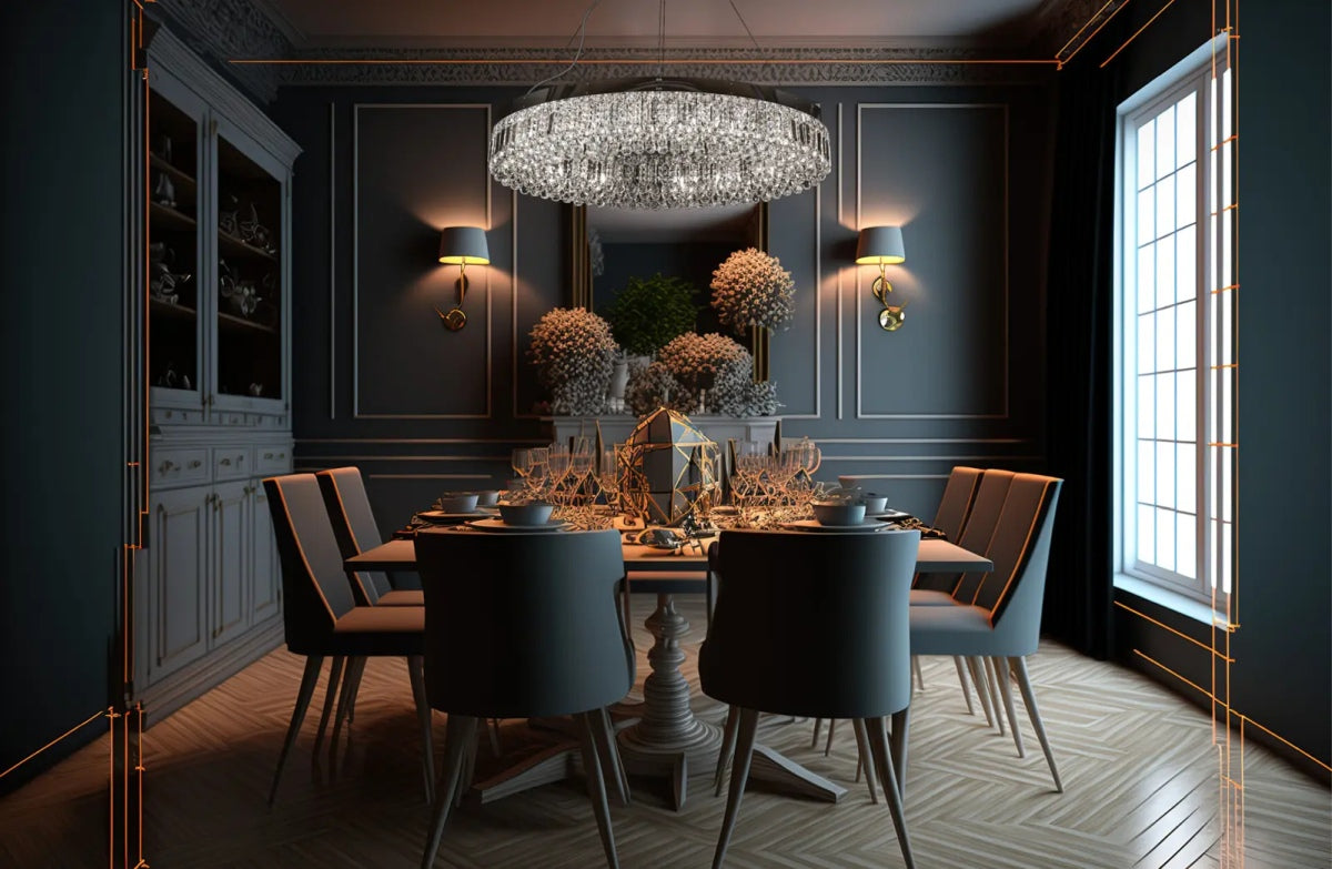 Mise en ambiance d'une salle à manger sombre avec la suspension allumée au-dessus de la table.