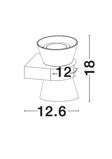 Schéma coté de l'applique murale : largeur 12,6 cm, hauteur 18 cm et fixation murale.