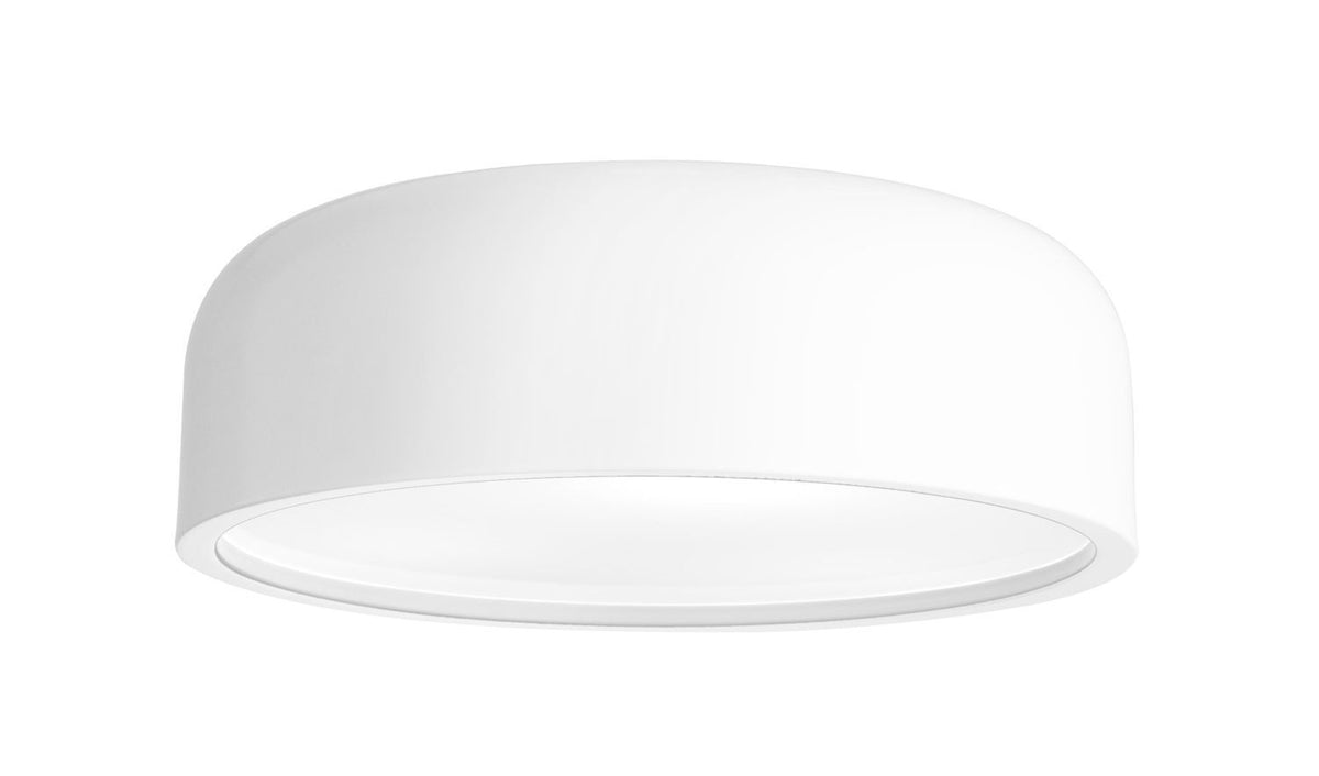 Vue de face du luminaire blanc cylindrique sur fond blanc.