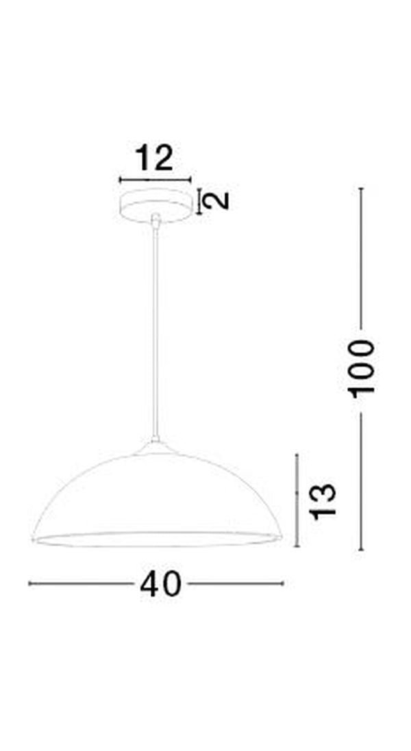 Schéma coté de la suspension : largeur 40 cm, hauteur 100 cm, rosace 12 cm.
