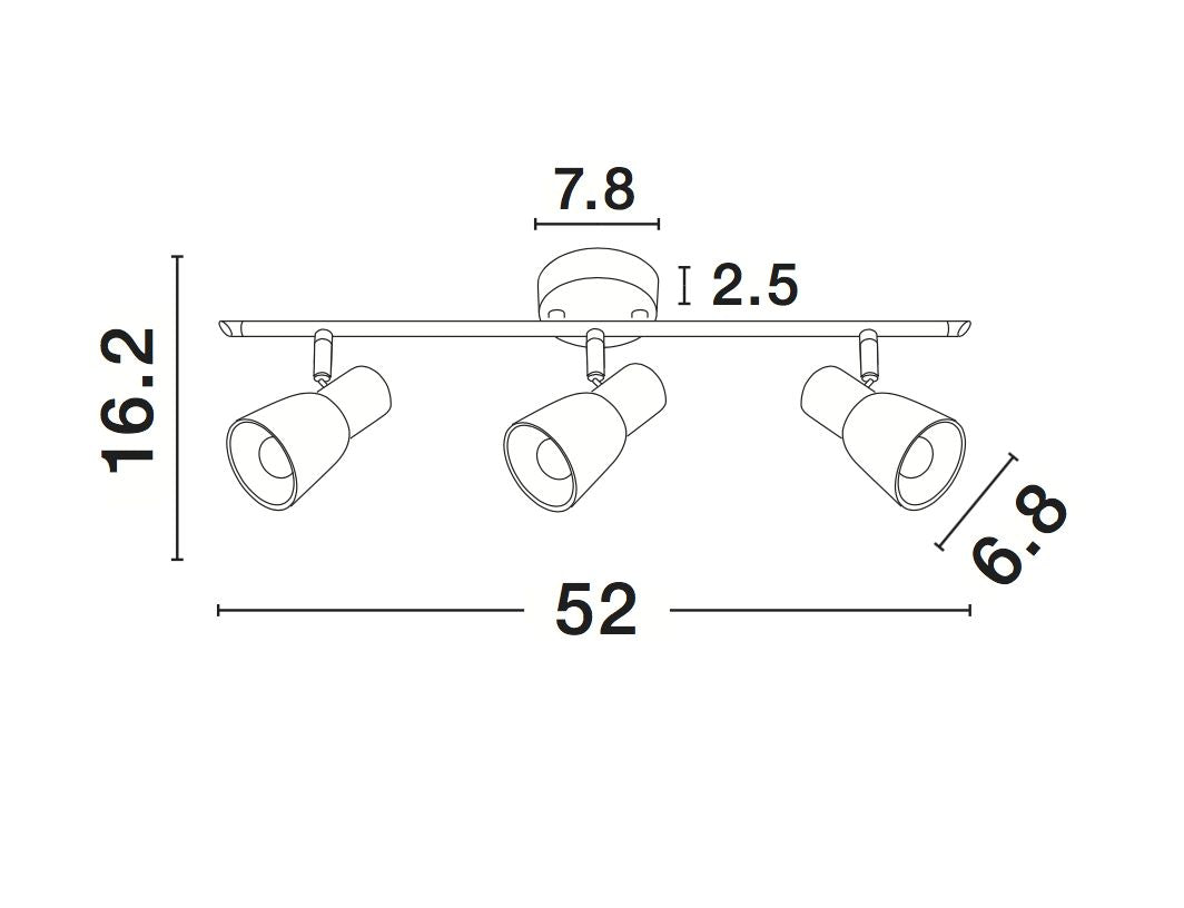Schéma technique coté montrant les dimensions du plafonnier et l'orientation des trois spots.