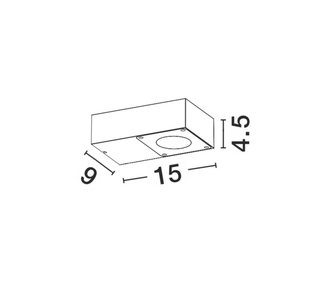 Schéma coté du luminaire avec dimensions quinze, neuf et quatre virgule cinq centimètres