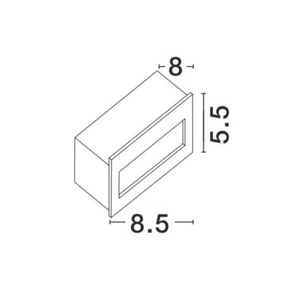 Schéma technique côté présentant largeur 8,5 cm, hauteur 5,5 cm et profondeur 8 cm.