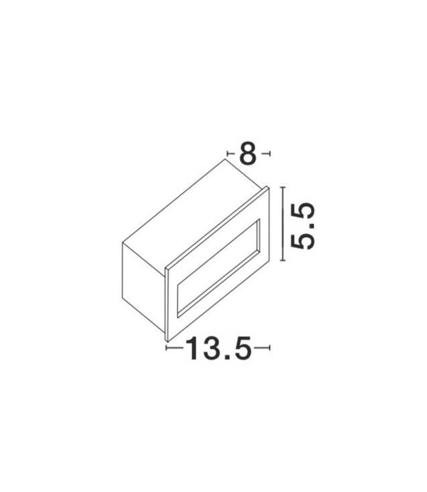 Schéma technique coté : largeur 13,5 cm, hauteur 5,5 cm et profondeur 8 cm
