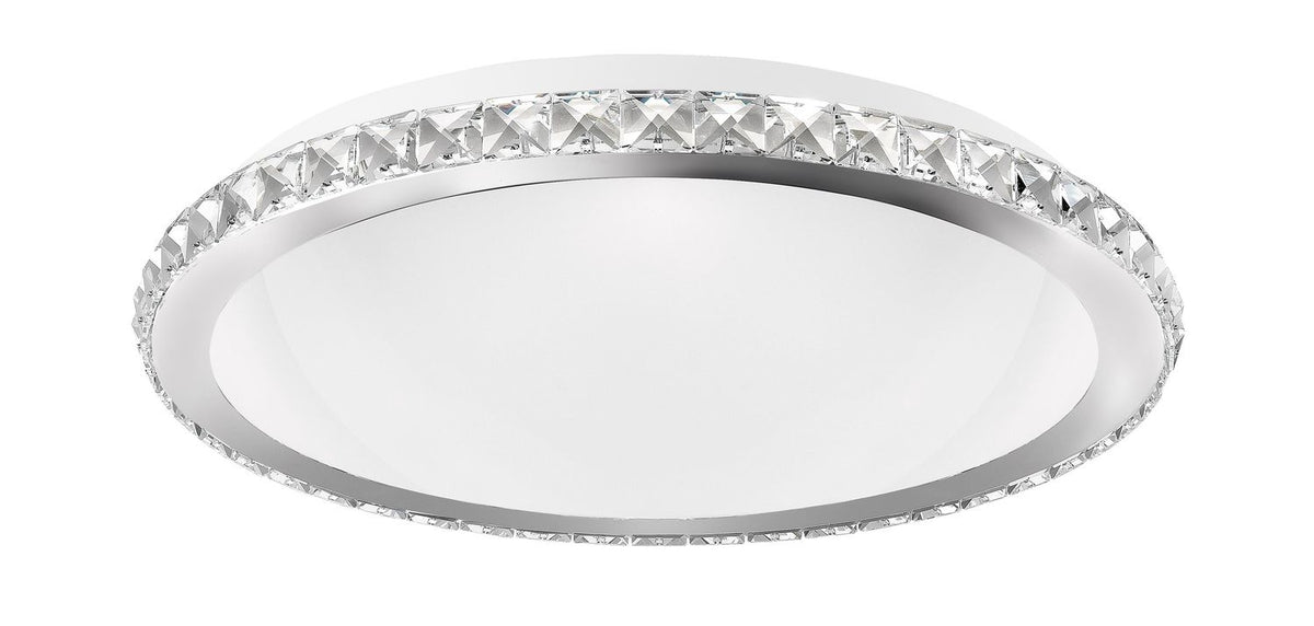 Vue de face du plafonnier rond chromé avec cercle de cristaux taillés sur fond blanc.